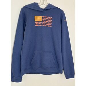 Columbia PFG Boys XL Blue Hoodie Fish Flag Graphic Pullover Sweatshirt 18/20